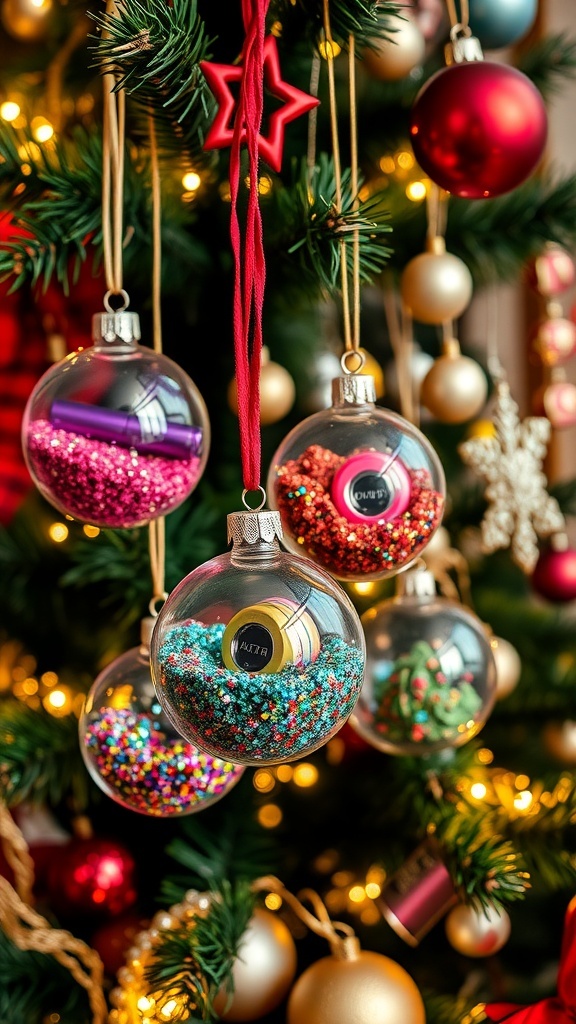 Colorful Christmas makeup ornaments filled with glitter and makeup hanging on a decorated tree.